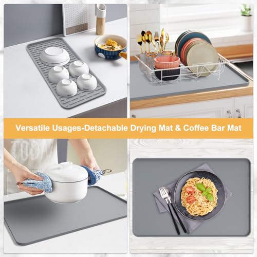 Silicone Coffee Mat, 24'' x 16'' Bar Mat with Detachable Dish Drying Mat for Countertops, Fits Under Coffee Maker, Machine, Espresso Machine, Dish Rack - color: Gray, size: 16" x 24"