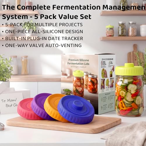 Fermentation Lids, Self-Burping Airlock Lids for Wide Mouth Mason Jars (86mm)|Heavy-Duty 100% Silicone, One-Piece Seamless Hygienic Design|Upgrade Your Jar for Sauerkraut & Kimchi (5-Pack Rainbow) - style: 5 Pack - Wide Mouth