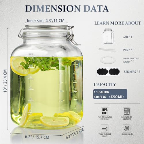 Folinstall 1 Gallon Square Super Wide-Mouth Glass Jars with Airtight Lids, Glass Storage Jars with 2 Measurement Mark, Sturdy Canning Jars with Large Capacity 4100 ML For Overnight Oats