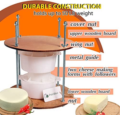 PetriStor Wooden Cheese Press for Cheese Making Supplies Diameter 11 in Metal Guides Walnut and 2 Cheese Mold with Follower Piston 1.3 Qt - Home Supply Ultimate Cheese Press - Prensa Para Queso