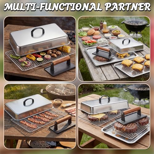 14 Inch Large Melting Dome and Grill Press Kit, 4 Pcs Griddle Accessories Set, Stainless Steel Cheese Basting Cover, Burger Bacon Press, 2 Cooling Racks for Flat Top Grill Indoor Outdoor
