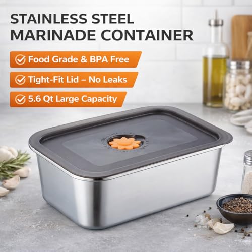 2 Pack Stainless Steel Marinade Containers with Lid, 5.6 Qt Meat Marinating & Brining Containers, Food Grade BPA Free Brisket Brine Tub, Dishwasher Safe Meat Container for BBQ & Food Storage