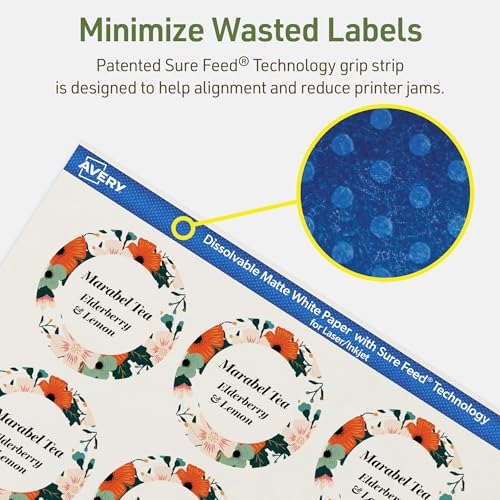 Avery Dissolvable Round Labels, Sure Feed Technology, 2" Diameter, Matte White, Print-to-The-Edge, Laser/Inkjet Printable, 60 Labels Total - style: 60 labels