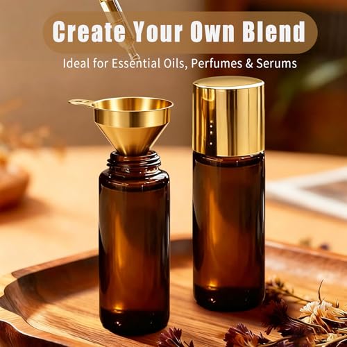 Rose Quartz Roller Bottles for Essential Oils, 50ml Refillable Amber Glass Roll On Bottles with Natural Crystal Roller Balls, Leak-Proof Travel Perfume Bottle with Gold Caps - color: Pink