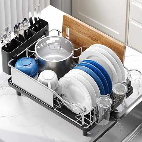 Urackify Stainless Steel Dish Drying Rack - Large Capacity Kitchen Counter Organizer with Drain Board, Utensil Holder & Detachable Cup Shelf, Surgical-Grade Rust-Proof Dish Drainer, Easy Assembly - color: Black