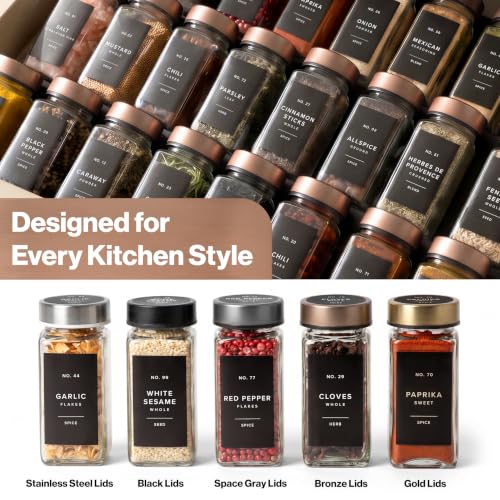 EDELHAUS Glass Spice Jars with Label, 24x Champagne Bronze Steel Lids | Airtight lids keep spices fresh; use as a spice organizer, seasoning containers or 4 oz jar set; funnel, brush & 240 labels - color: Champagne Bronze Stainless Steel Lid