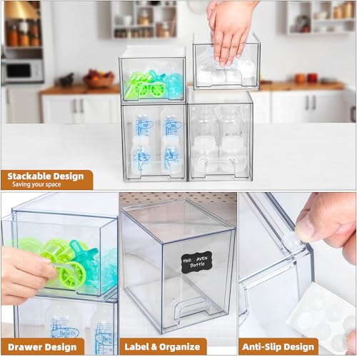 Baby Bottle Organizer, Stackable Storage Drawers with Label, Clear Station Organizers Container for Pacifiers, Pump Parts, Desk Organizer Bins for Bathroom, Cabinet, Pantry, Vanity, Countertop, 4 Pack - style: 2 High+2 Small