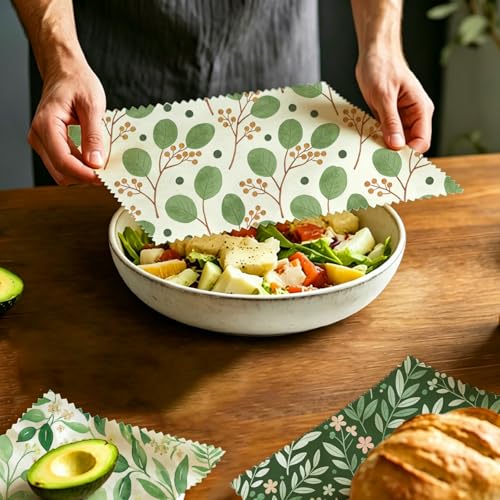 Beeswax Food Wraps, Botanical Leaves Wrap, 9 Pack Eco-Friendly Food Storage, Organic, Sustainable, Biodegradable, Zero Waste, Plastic-Free, For Sandwich, Bowl, Bread, 1XL, 3M, 5S - color: Green Botanical1