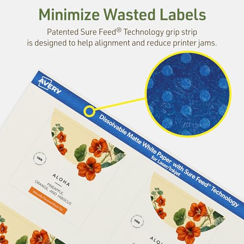 Avery Dissolvable Square Labels, Sure Feed Technology, 2.75" x 2.75", Matte White, Print-to-The-Edge, Laser/Inkjet Printable, 30 Labels Total - style: 30 labels