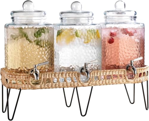1.5 Gallon Glass Drink Dispenser for Parties 3 PACK Beverage Dispensers with Stand, Glass Water Jug Dispenser, with 18/8 Stainless Steel Spigot, Great for Party, Wedding, Picnic, BBQ Wicker Design - color: 1.5 Gallon Clear 3 Pack