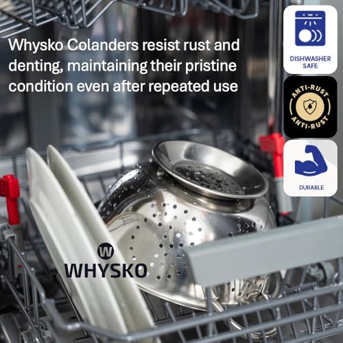 Whysko 3 Pack Stainless Steel Colanders with Handles - 5 Qt, 3 Qt, 1 Qt - Durable Colander for Kitchen Strainers and Colanders Set - Ideal Metal Colander for Pasta, Vegetables, Food Prep