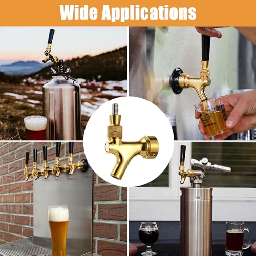 Golden Beer Faucet Keg Tap Faucet, All 304 Stainless Steel Draft Beer Tap Kegerator Tap with 4 Holes Cap, Beer Dispenser Kegerator Parts for American Beer Shank and Beer Tap Tower
