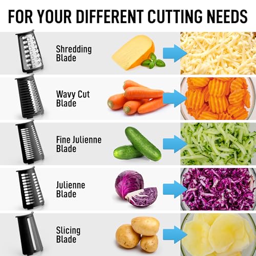 Zulay Kitchen Rotary Cheese Grater 5 Blade Cheese Shredder - Manual Hand Crank Cheese Grater With Reinforced Suction & 5 Interchangeable Drums - Easy to Use, Vegetable Chopper Round Mandoline Slicer - color: Black