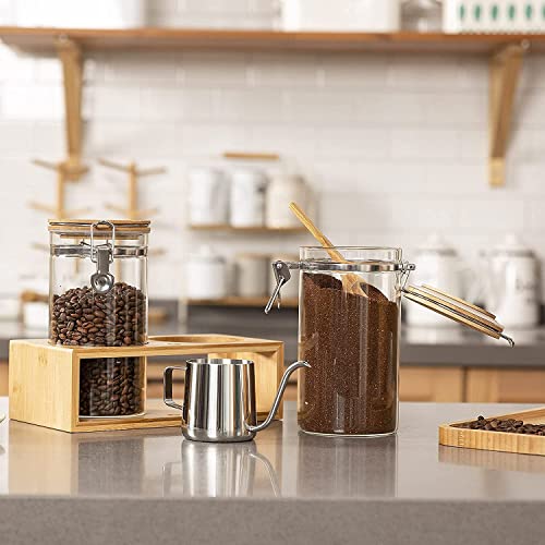 Yangbaga Ground Coffee Storage Container with Shelf, 2×45OZ Glass Coffee and Sugar Container Set, Coffee Canisters with Airtight Lids and Scoop, Food Storage Jars for Kitchen,Nuts,Tea,Sugar