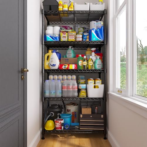 REIBII 5 Tier Wire Shelving, 23.2" W Metal Shelving, Small Space Corner Storage, Adjustable Shelves, Leveling Feet, Metal, for Kitchen, Bedroom, Pantry, Closet,Laundry Room - size: 5 Tier,13.4" D x 23.2" W x 60" H