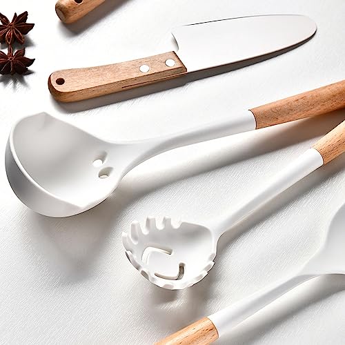 6pcs White Mini Silicone Kitchen Utensils Set, Non-stick Kitchenware Spatula Set with Holder, Cooking Tools Accessories. Include Turner, Soup Spoon, Pasta Server, Whisk, Fruit Knife. - color: 6pcs cooking utensils