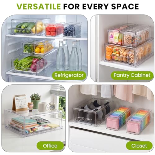 6Pack Fridge Organizers and Storage,Stackable Fridge Organizer Bins with Lids, 2 Pull Out Fridge Organizers and 4 Storage Container with Drain Tray for Fruits, Vegetables, Drinks, Snack and Food