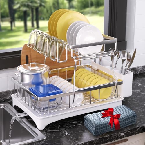 Godboat 2-Tier Dish Drying Rack - 304 Stainless Steel Dish Rack Auto Drain | Dish Racks for Kitchen Counter, Dish Drainer with Knife Fork & Cup Rack, Gifts for Women, Mothers Day, Kitchen Gadget, Silver - size: X-Large (2-Tier/Silver)