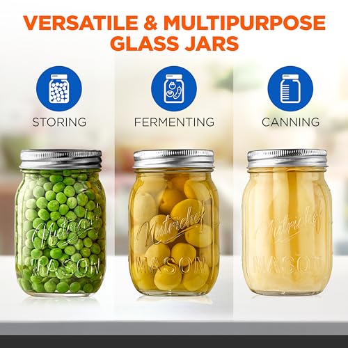 NutriChef 16 Pack Mason Jars 16 oz with Lids, Wide Mouth Airtight Seal, Freeze Safe Durable Glass, Silver Screw Lids for Meal Prep, Jam, Honey and Wedding Gifts, Leakproof & Dishwasher Safe Glass Jars - style: 16 Pack