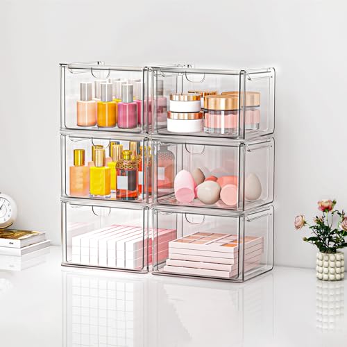 caktraie 6 Pack Small Clear Stackable Acrylic Storage Boxes for Art Tool & Sketch, Stroage Drawers, Makeup Organizer, Plastic Storage Bins For Vanity, Kitchen Cabinets, Pantry, Home Organization - style: 6 Small
