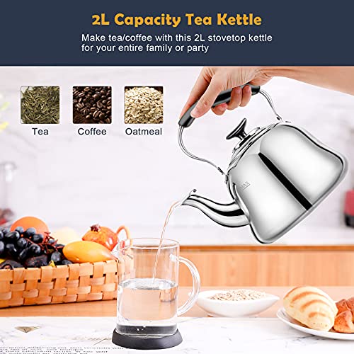 Tea Kettle Stovetop Whistling Teakettle ClassicTeapot Stainless Steel Tea Pots for Stove Top with Heat-resistant Folding Handle Mirror Finish, 2 liters | Premium Food Grade Stainless Steel Whistling Tea Kettle with Heat-Resistant Folding Handle for Fast B