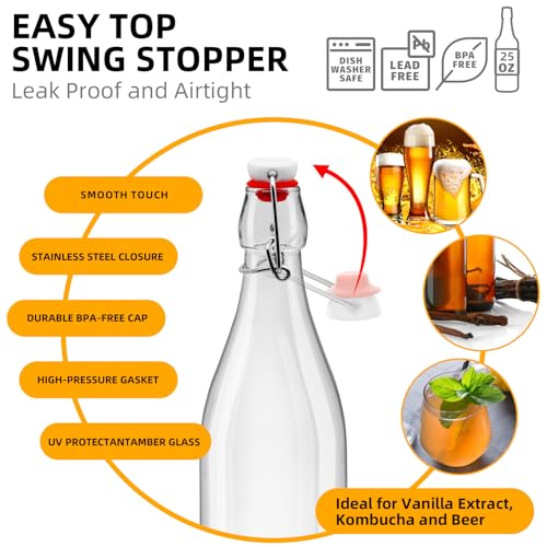 3 Pcs Flip Top Glass Bottles 25 oz Kombucha Bottles 750ML with Airtight Caps Beer Brewing Bottles Swing Top Bottles Grolsch Style Clear Bottles for Home Brewing Beer Water