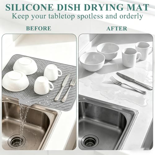 Silicone Dish Drying Mat for Kitchen Counter,23"X17" With Built-in Drain Lip,Food-Grade Silicone,Heat-Resistant Eco-friendly Hygienic Drying Mat Leak-Proof and Non-Slip,Multi-Functional Use(Gray) - color: Gray, size: 23" x 17"