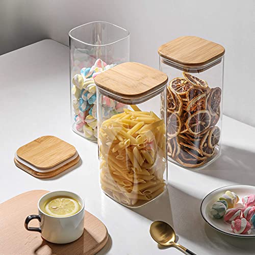 ComSaf 1.6 Qt Square Glass Jars with Bamboo Lids Set of 3, Space-Saving Glass Pantry Storage Containers, Airtight Clear Glass Storage Containers with Wide 3.9" Mouth for Coffee, Sugar, Short Pasta - size: 1.6Qt*3