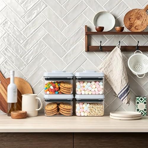 Pop Push Button Airtight Food Storage Containers 4 Pack (0.7Qt) | BPA-Free Stackable Square Canisters for Nuts, Candy, Spices, Pet Treats, Small Snacks - color: 650ml x4