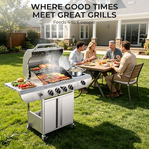 Kismile 4-Burner Propane Gas Grill with Side Burner, Stainless Steel 42,000 BTU BBQ Grill, Enameled Baking Rack & Enamel Grates, Barbecue Grill for Outdoor Cooking, Backyard, Patio, Deck Camping