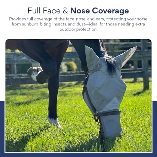 Horse Fly Mask with Nose Cover and Ears - 95% UV Eye Protection - Built-in Visor - Breathable, Lightweight Mask - Adjustable Fit for Comfort Horse Medium/Large Size