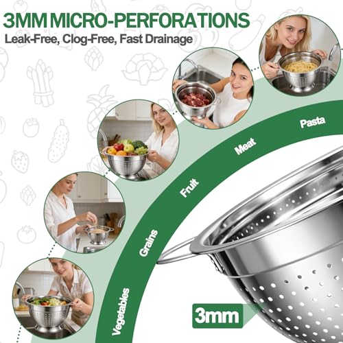 Strainers and Colanders for Kitchen, 3-Piece Stainless Steel Set Pasta and Rice Strainer with Handles, Raised Draining Base for Easy Counter Use (7”, 9”, 11”)