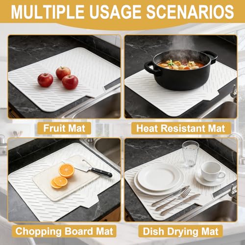 Silicone Dish Drying Mat 23x17,Food-Grade Silicone,Easy Clean Pad for Countertop Protection,Heat Resistant,Easy Clean,Non-Slip Drain Pad with Built-in Drain,Multi-Functional Use,White - color: White, size: 23" x 17"