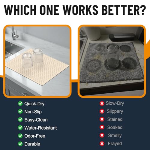 Dish Drying Mat Beige, 11.8x15.8 Inches Silicone Dish Mat Drying Kitchen Mat, Kitchen Drying Mat for Small Spaces, Non-Slip Fast Drain Drying Pad, Protects Surfaces Under Dishes and Glassware - size: 11.8" x 11.8"