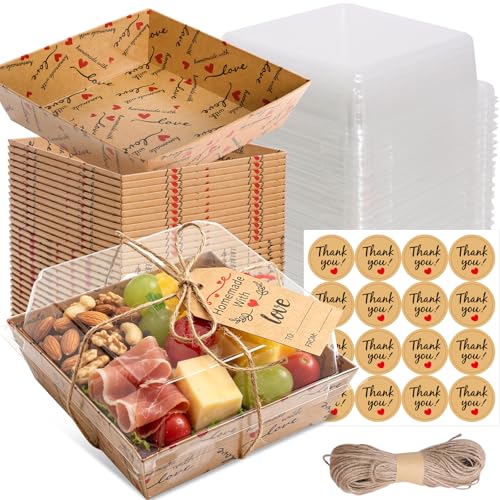 Fancy Land Small Charcuterie Boxes with Clear Lids Thank You, Kraft, 50 Pcs | Homemade With Love Treat, Disposable Paper, Heart Design,Summer Camping To Go Box