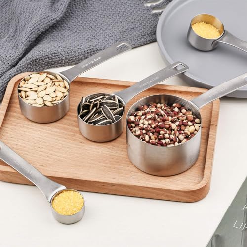 Measuring Cups Set, 18/8 (304) Stainless Steel Measuring Cups Set 9, Metal 8 Measuring Cups with 1 Magnetic Conversion Chart, Metric Measuring Cups with 1/8 & 3/4 Cup for Baking & Kitchen - color: A03: Siliver-Set of 9