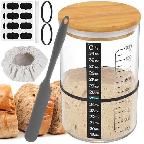 10Pcs Sourdough Starter Jar Kit 900ml Heat Resistant Sourdough Starter Container with Wooden Lid Spatula Reusable Wide Mouth Glass Sourdough Fermentation Jar for Sourdough Baking ZHAZHAMO