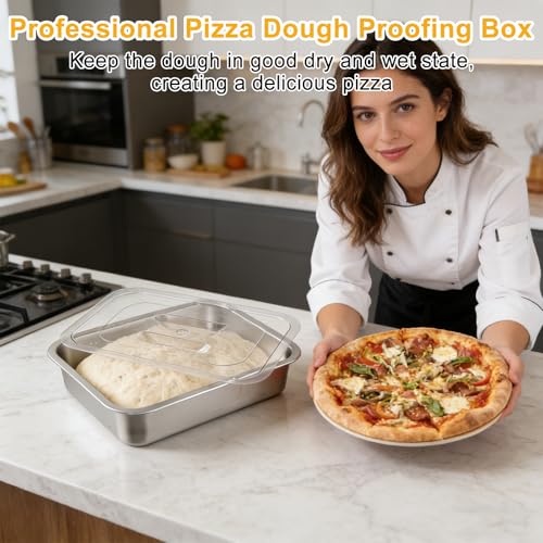 2 Pcs Pizza Dough Proofing Box -14.1x10.6 Inch Stainless Steel Pizza Dough Trays with Clear Lid, Household Pizza Bread Proofing Storage Container, Fits 4-6 Dough Balls