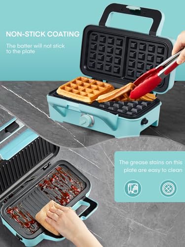 FOHERE Waffle Maker 3 in 1 Sandwich Maker 1200W Panini Press With Removable Plates and 5-gear Temperature Control, Non-stick Coating Easy to Clean,Indicator Lights, Blue - color: Light blue