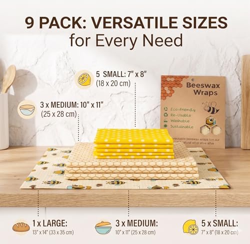 Beeswax Wraps for Food - 9 Pack Reusable Food Wraps | Sustainable, Plastic-Free Alternative to Plastic Wrap & Foil | Sandwich, Cheese, Bread & Bowl Covers for Eco-Friendly Food Storage - color: 9 Pack - Golden Meadow