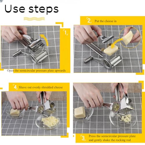 Manual Rotary Cheese Grater, 304 Stainless Steel Hand-Crank | Manual Cheese Grinder for Parmesan, Cheddar, Chocolate, Nuts & Vegetables