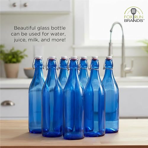 Fox Run Blue Flip Top Glass Bottle, 1 Liter Air Tight Bottle with Flip Top Lid, 12.5" x 3.4"