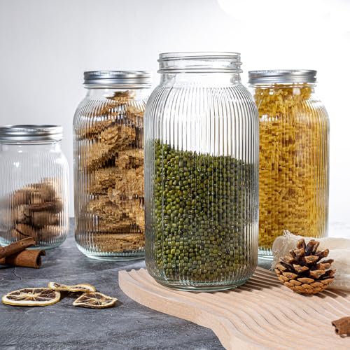 WELLIFE 64 OZ Mason Jars, 6 Pack Wide Mouth Mason Jars for Pickling, Canning, Fermenting and Food Storage, Microwave & Dishwasher Safe - color: Clear Stripe Mason Jars 64oz-6Pcs