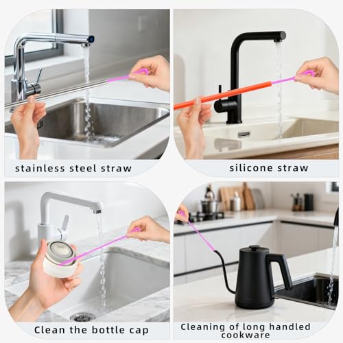 Silicone Straw Cleaner Brush, 4Pcs Reusable Straw Brush Set with Extra-Long Design for Cleaning Thin Metal Straws and Wider Milkshake Straws (6mm+9mm Purple) - color: Purple