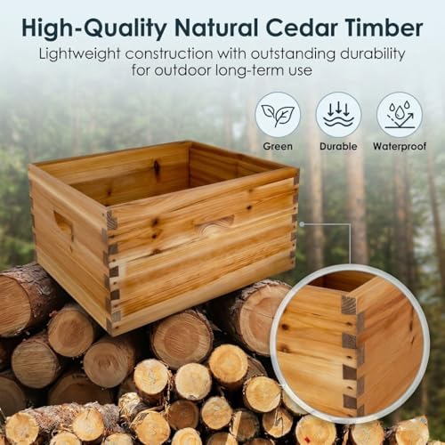 10 Frame Deep Beehive Box, Deep Brood Box Dipped in Beeswax, Wax Coated Beehive Box for Beginner Beekeeper, Screws Included, Unassembled (No Frames or Foundations),