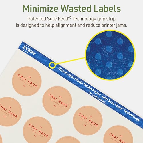 Avery Dissolvable Round Labels, Sure Feed Technology, 1.5" Diameter, Matte White, Print-to-The-Edge, Laser/Inkjet Printable, 200 Labels Total - style: 200 labels