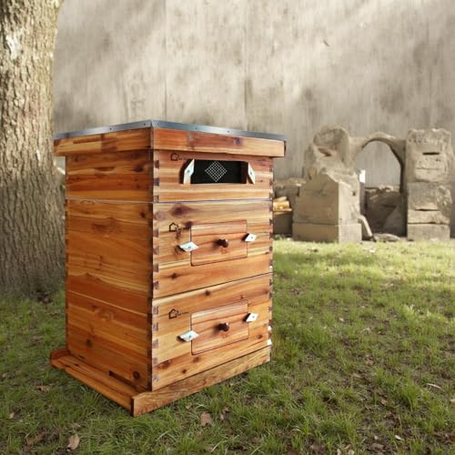 Langstroth Beehive Kit – 2 Deep & 1 Medium Cedarwood Boxes, Observation Window, Beeswax-Coated Frames & Foundations,Waterproof Complete Starter Set for Beekeeping –Traditional Fir Beehive,56×46×76cm