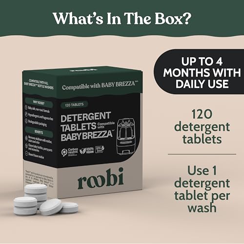 Roobi Detergent Tablets Compatible with Baby Brezza Bottle Washer Pro. Removes Milk Residue & Odor, Hypoallergenic Carbon Neutral Formula. 120 Count. - style: 120 Detergent Tablets