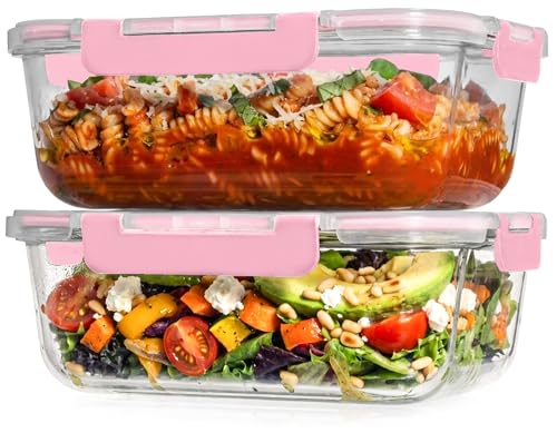 Razab 2 Pcs 1860ml / 63 Oz Large Glass Food Storage Containers with Lids - Glass Meal Prep Containers with Locking Lids for Roasting, Storing Leftover, Lunch Container, BPA Free, Microwave & Oven Safe - color: Pink