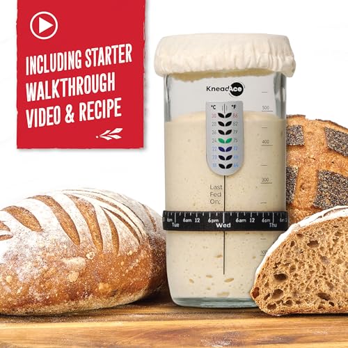 KNEADACE Sourdough Starter Jar With Date Marked Feeding Band, Thermometer, Sourdough Jar Scraper, Sourdough Container Sewn Cloth Cover & Metal Lid, Sourdough Starter Kit (2 Pack) - color: 2 Pack